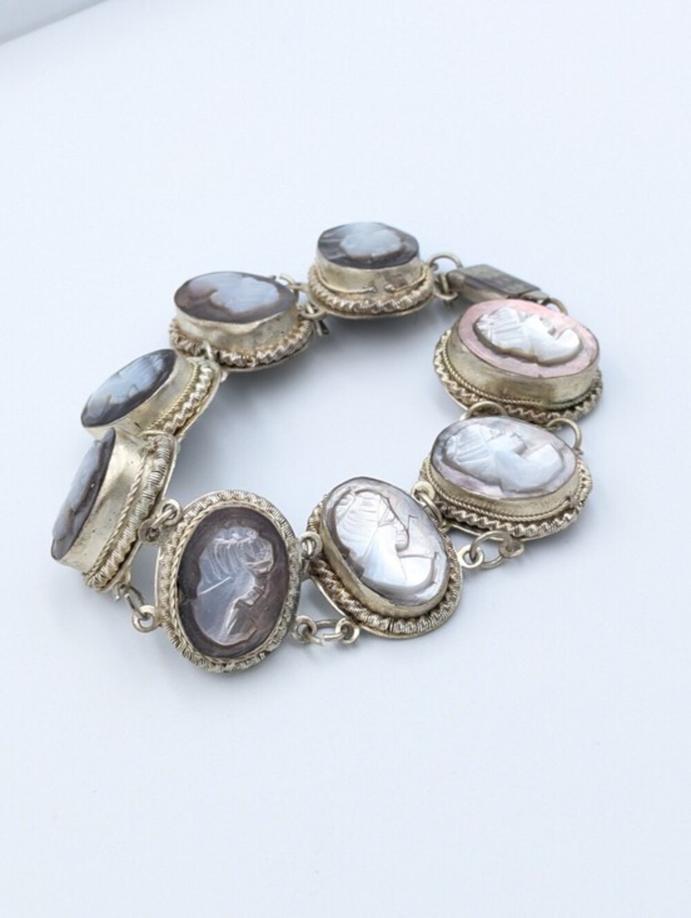Vintage - Antique Cameo Giuseppe Mandile Italian Silver Over Brass Bracelet